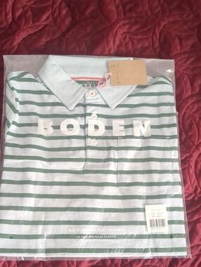 NWT Mini Boden Striped Polo in Green and White with Logo